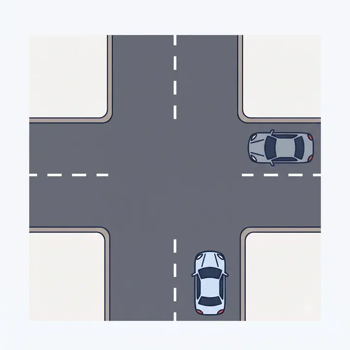 Vista desde arriba de una intersección sin señales: un auto llega desde abajo y otro desde la derecha
